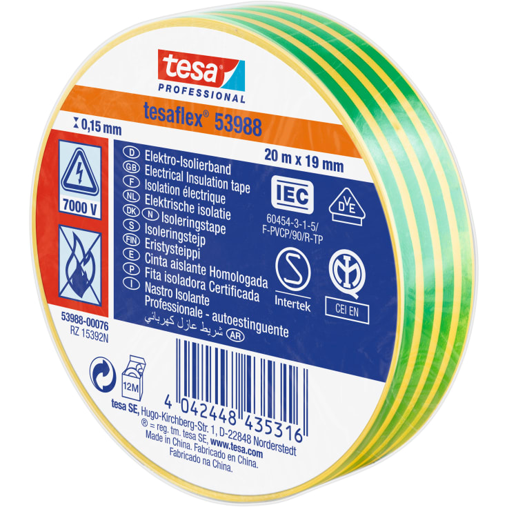 Tesa isoleringstape, gul/grøn, 19 mm, 20 meter