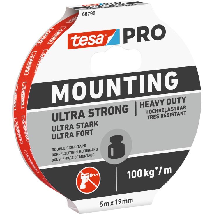 Tesa Pro stærk dobbeltklæbende monteringstape, 19 mm, 1,5 meter
