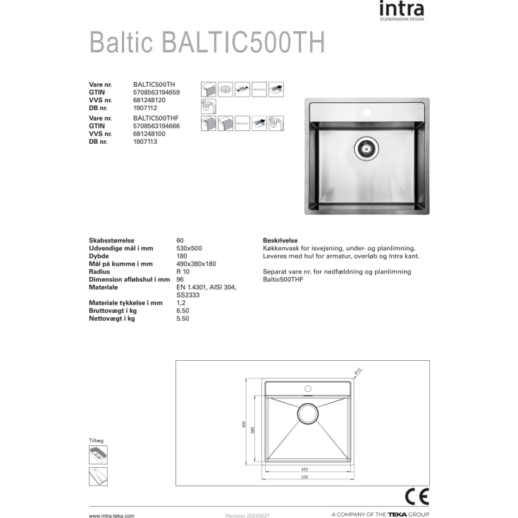 Intra Baltic 500THF køkkenvask, 53x50 cm, rustfrit stål