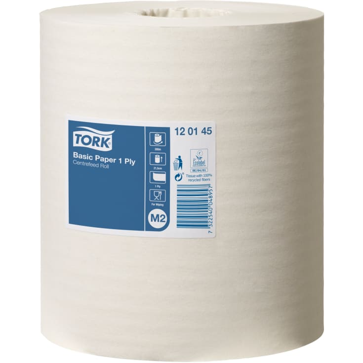 6 stk Tork M2 basic håndklerull, 1-lags, hvit, uten hylse, Ø19 cm