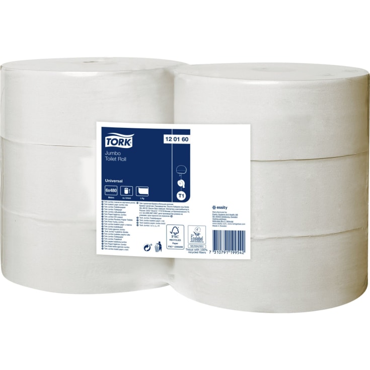 6 stk Tork T1 toalettpapir, jumborull, 1-lags, natur, Ø26 cm, 480 m