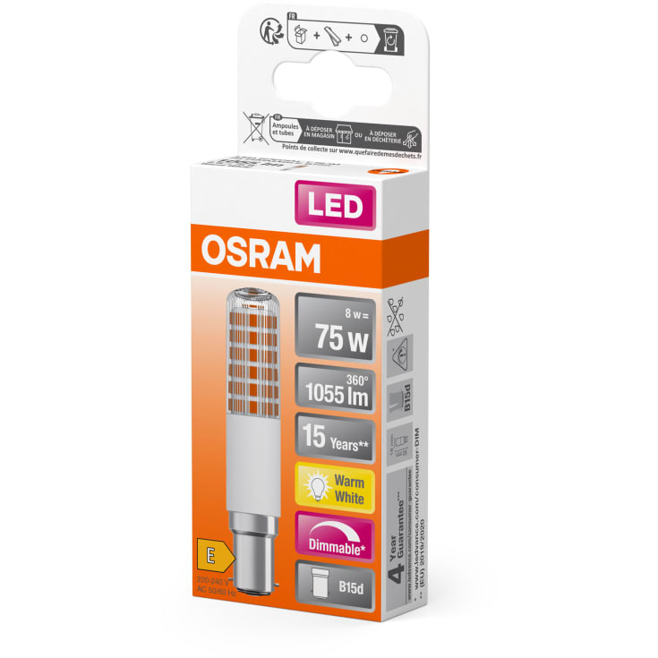 Osram LED T SLIM klar 1055lm 8W/827 (75W) B15d dæmpbar