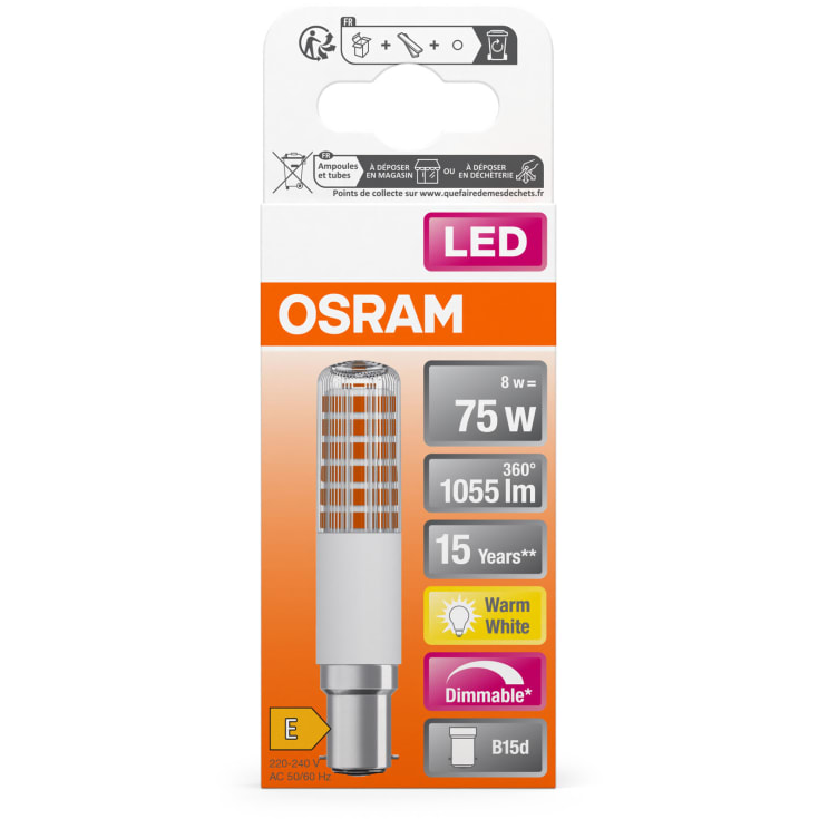 Osram LED T SLIM klar 1055lm 8W/827 (75W) B15d dæmpbar
