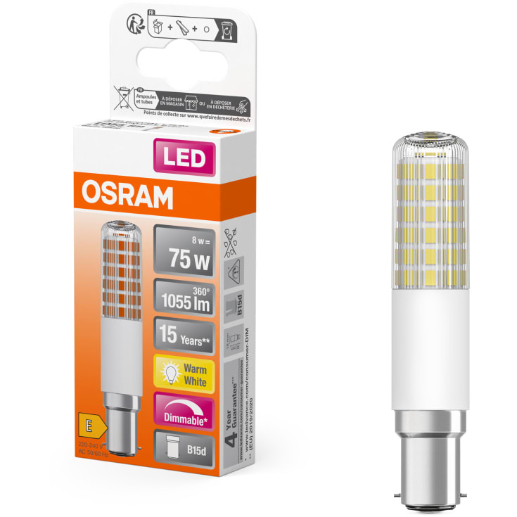 Osram LED T SLIM klar 1055lm 8W/827 (75W) B15d dæmpbar