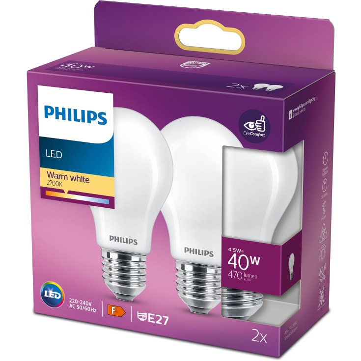 6 stk Philips Classic E27 standardpære, 2700K, 4,5W, 2-pak