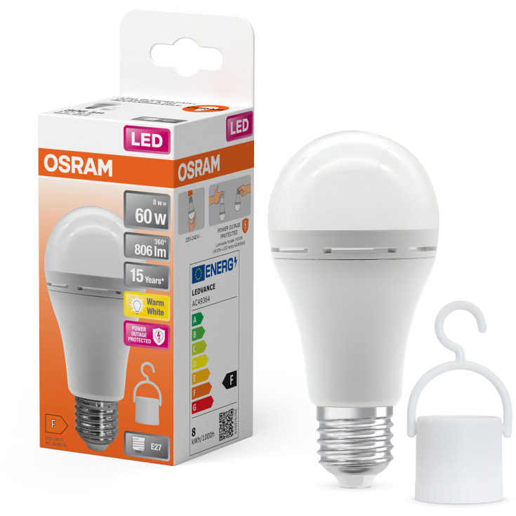 Ledvance genopladelig E27 standardpære, 2700K, 8W