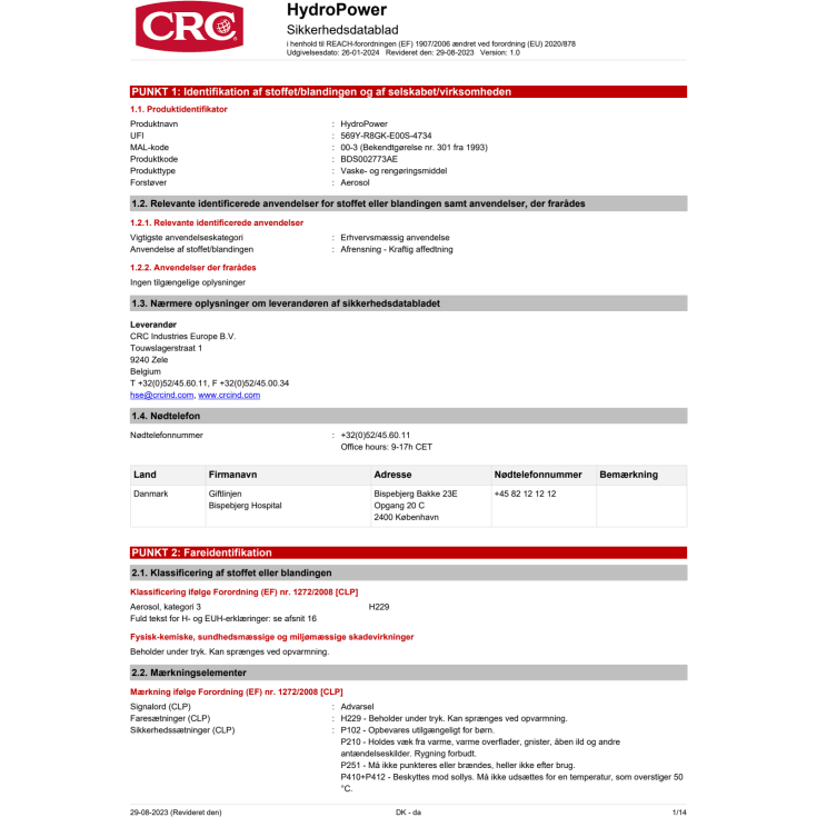 12 stk CRC affedtningsmiddel HYDROPOWER, aerosol, NSF-godkendt, 400 ml