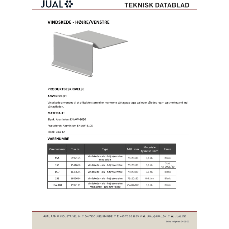 Vindskede 75x80x1000mm. 90° Svækket begge ender.
