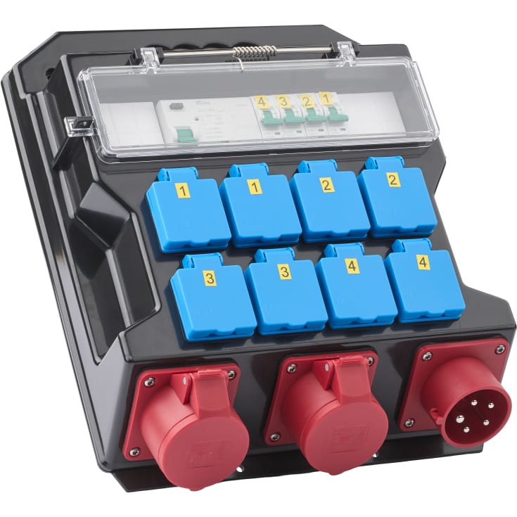 Byggarbetsplatsens ställverk, 8x Schuko 230V/16A och 1x CEE 400V/16A