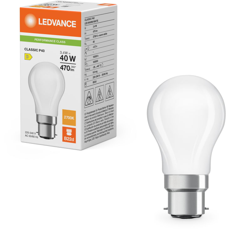 Ledvance B22D kronepære, 2700K, 3,4W