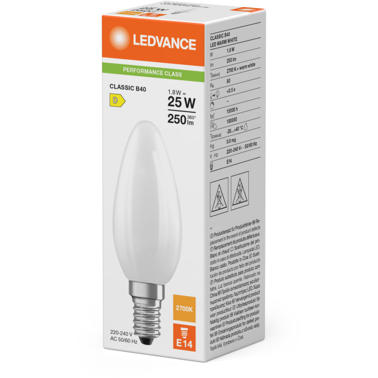 Ledvance E14 mignonpære, 2700K, 1,8W
