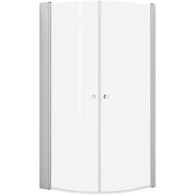 Dansani Match svängd hörndusch, modell E+E+Tower hylla, 89x89 cm, klart glas, satin