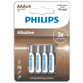 12 st Philips Tech Alkaline AAA batterier, 4 st.