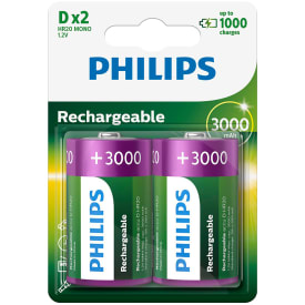 12 st Philips uppladdningsbara D batterier, 2 st.