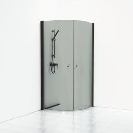 Svedbergs Skoga brusehjørne, 79x79 cm, røgfarvet glas, mat sort profil
