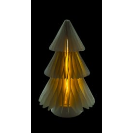 Juletre i papir. Varmhvite LED-lys, batteridrevet med timer.
