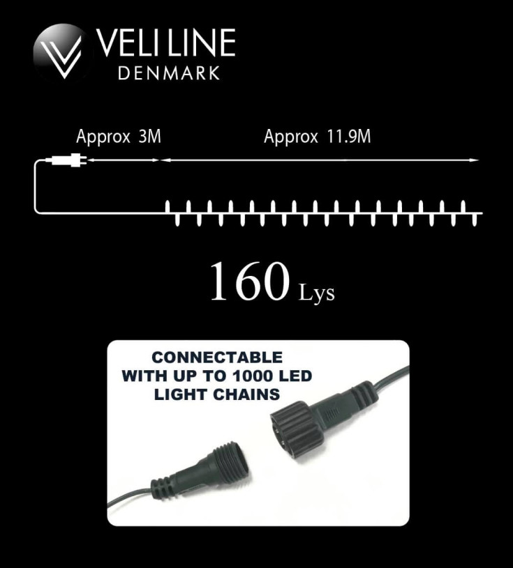 12 stk Veli Line utendørs LED lyslenke, gyllent lys, 12 meter