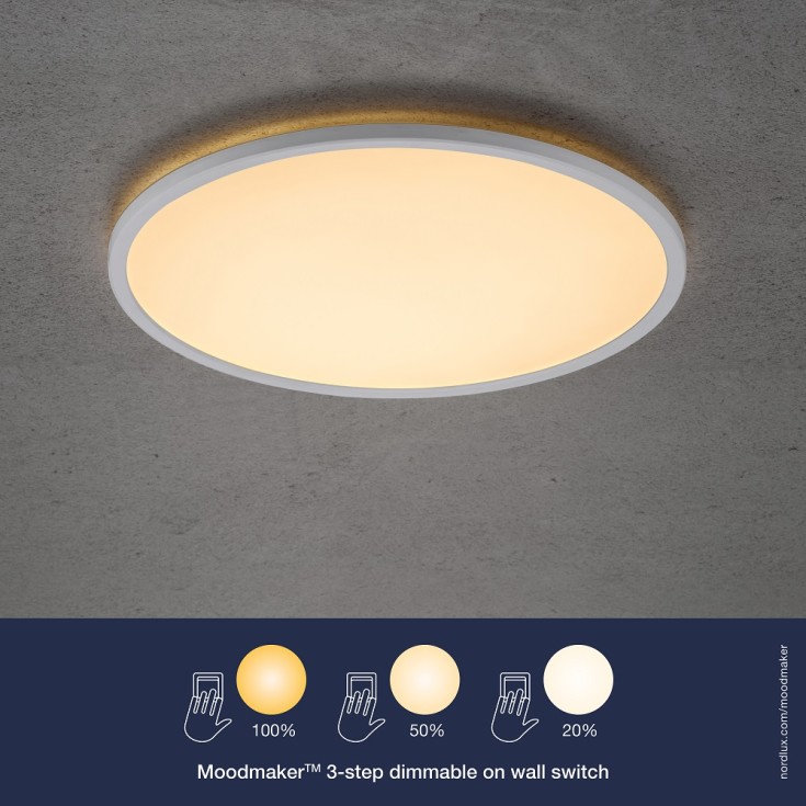 Nordlux Oja plafond, 3-trins-dæmp, 2700K, hvid, Ø42 cm
