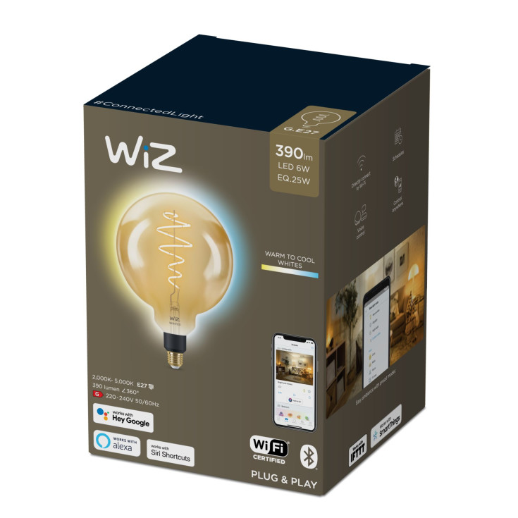 2 stk Wiz E27 globepære, 2000K-5000K, 6W, Ø20 cm