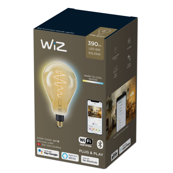 2 stk Wiz E27 globepære, 2000K-5000K, 6W, Ø16 cm