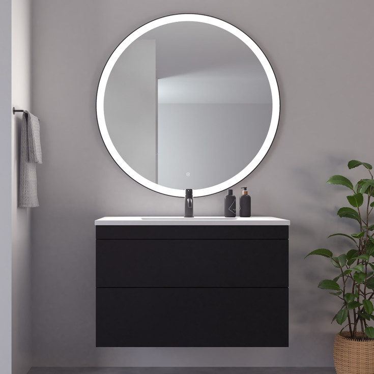 Loevschall Nyborg rundt speil, dimbar, touch, Ø100, sort matt