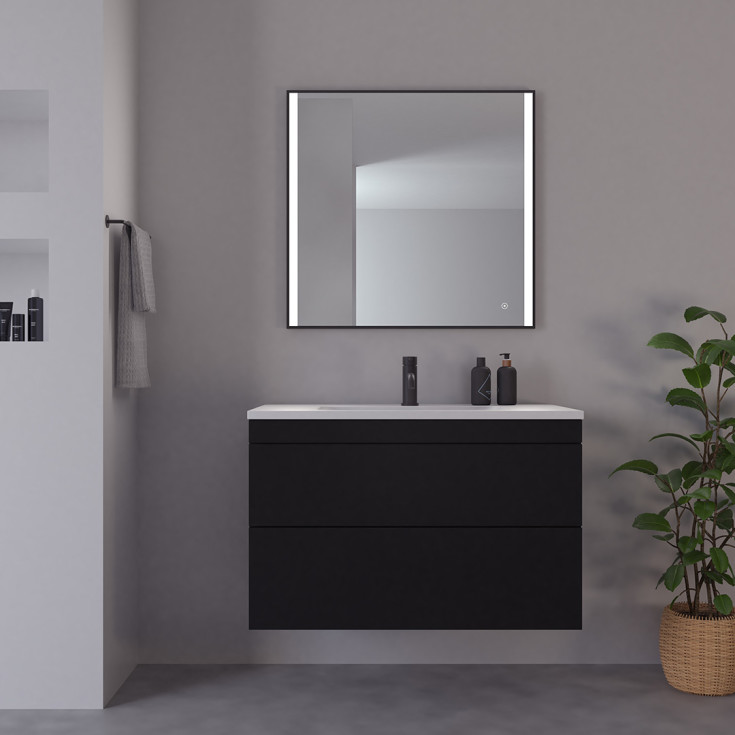 Loevschall Nyborg speil med ramme, dimbar, touch, 80x75 cm, sort matt