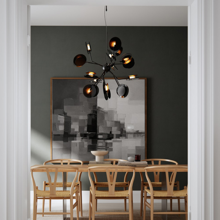 Turno Lysekrone 18xG9 Ø80cm, sort med guld reflektor