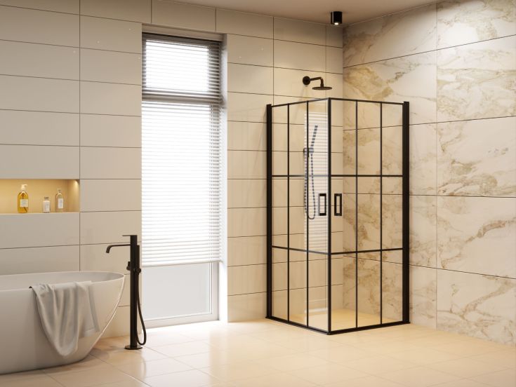 Brasta Victorija Cube brusehjørne, 87,7x87,7 cm, klart glas, sort profil