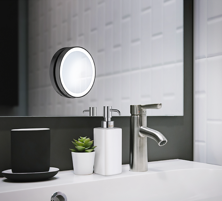 4 stk Smedbo Outline Lite kosmetikkspeil med lys, Ø13 cm, matt sort
