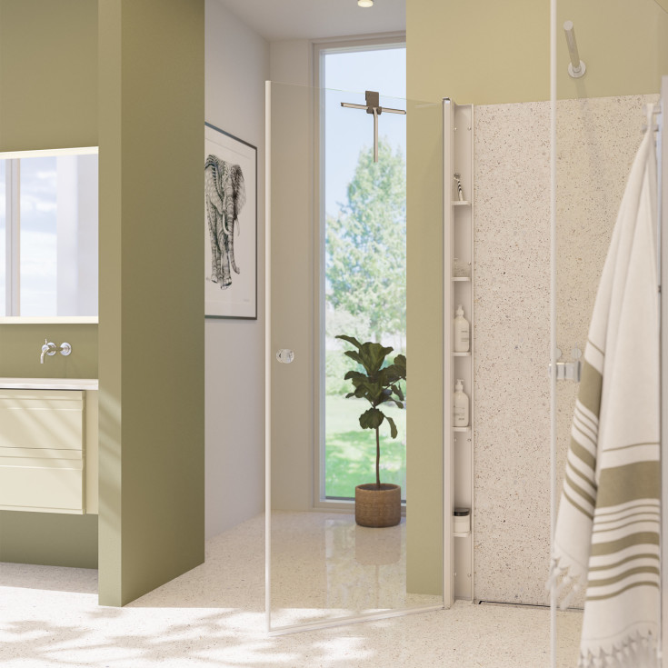 Dansani Match hörndusch, modell A+A+Tower hylla, 99x99 cm, klart glas, satin