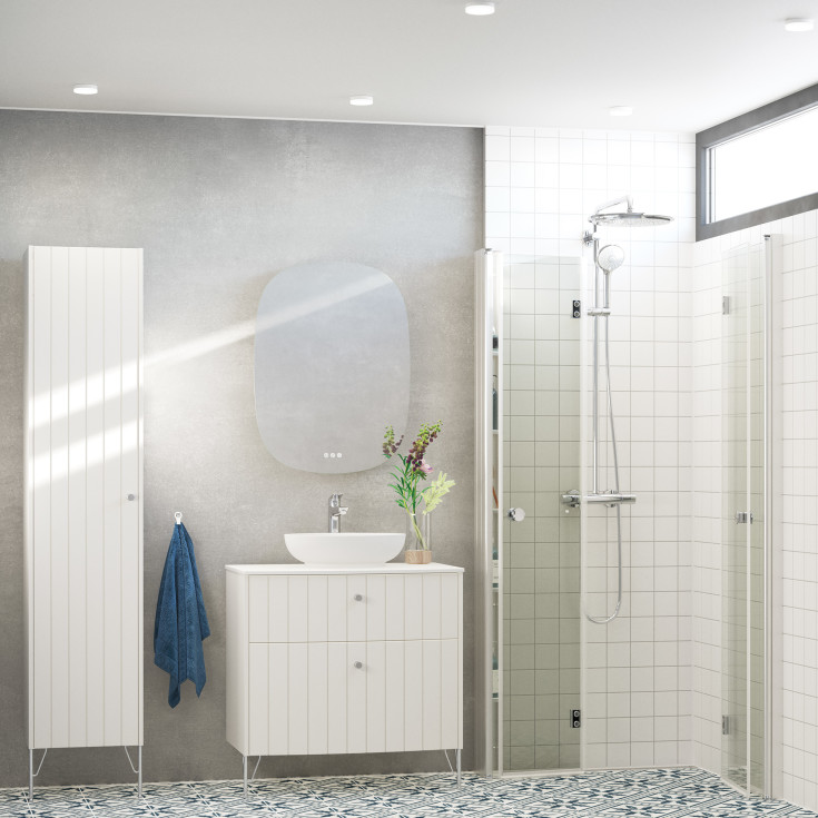 Dansani Match brusehjørne, model B+B+Tower reol, 89x89 cm, klart glas, satin