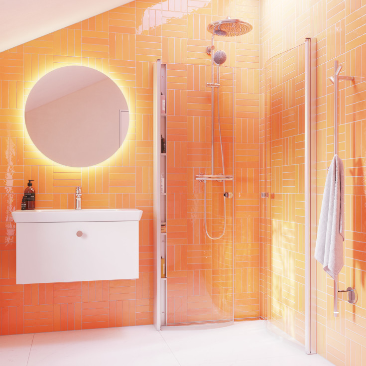 Dansani Match svängd hörndusch, modell E+E+Tower hylla, 99x99 cm, klart glas, satin