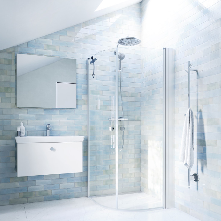 Dansani Match svängd hörndusch, modell E+E+Tower hylla, 99x99 cm, klart glas, satin