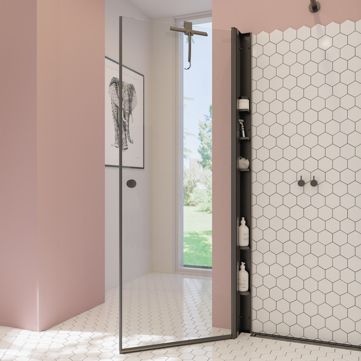 Dansani Match hörndusch, modell A+A+Tower hylla, 89x89 cm, klart glas, svart