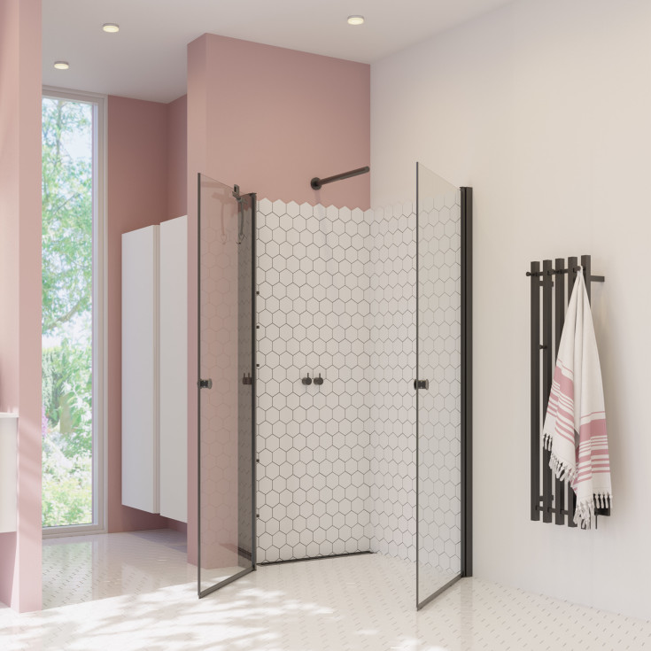 Dansani Match hörndusch, modell A+A+Tower hylla, 99x99 cm, klart glas, svart