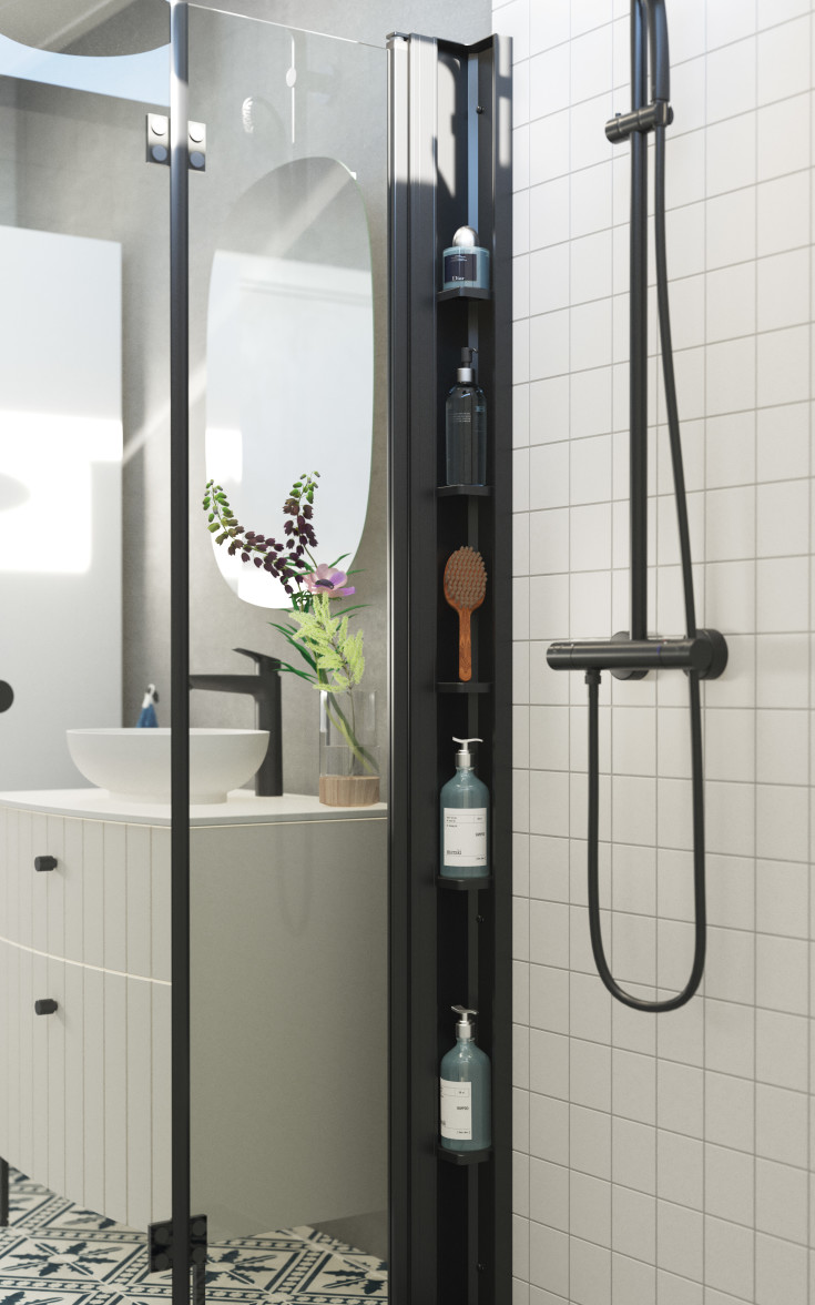 Dansani Match dusjhjørne, modell B+B+Tower hylle, 79x79 cm, klart glass, svart