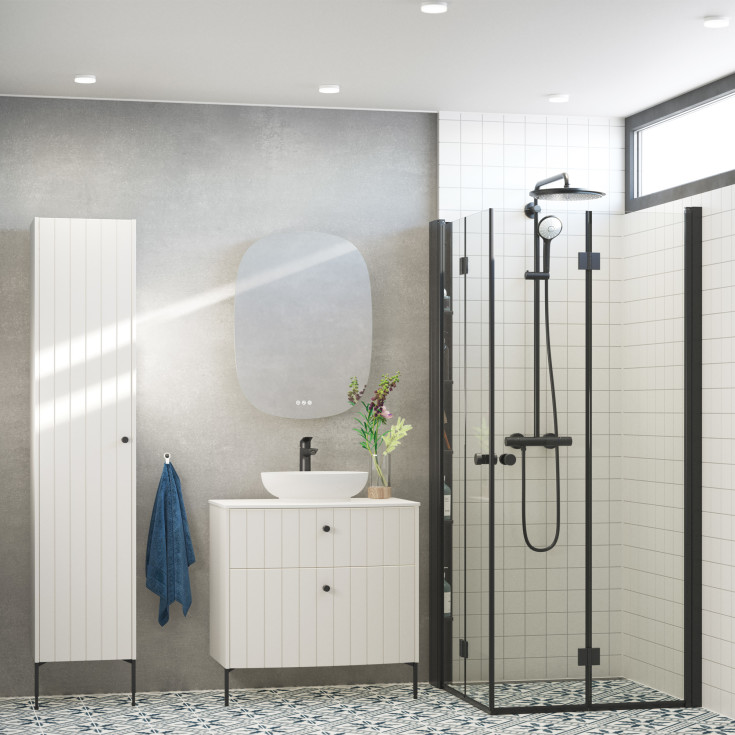 Dansani Match hörndusch, modell B+B+Tower hylla, 99x99 cm, klart glas, svart