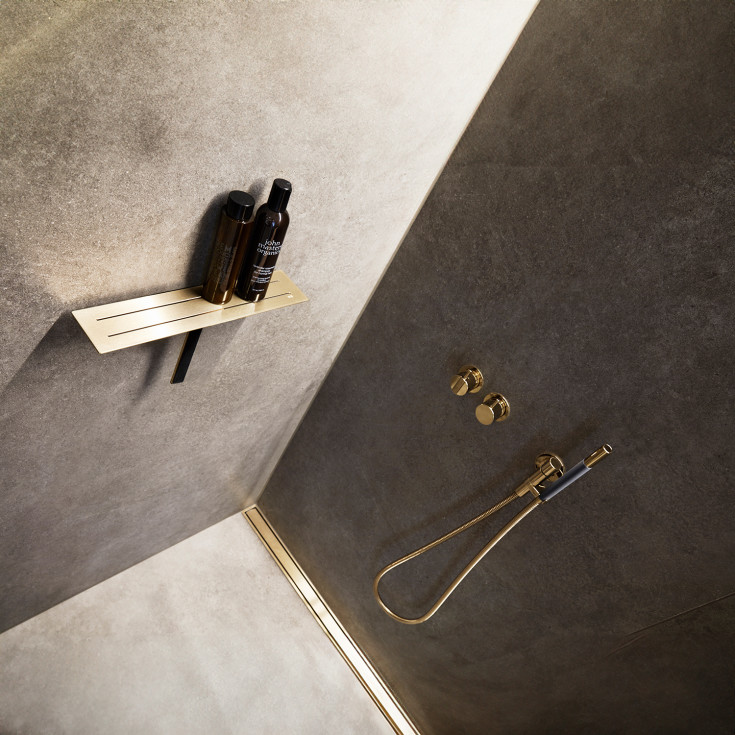 Unidrain Reframe duschhylla med duschskrapa, mässing