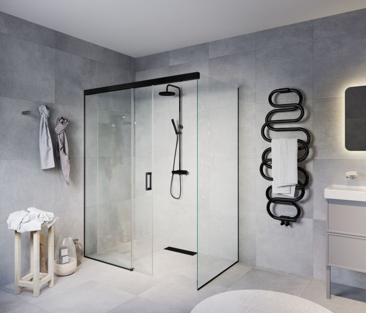 Brasta Milda Soft hörndusch, 119x79,8 cm, klart glas, svart profil