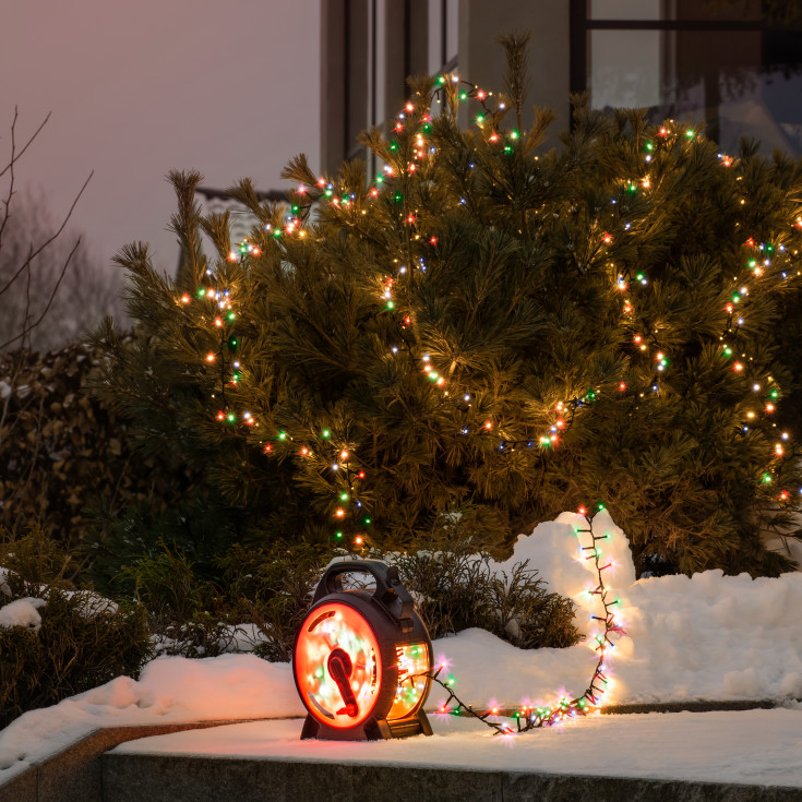 Konstsmide Cluster udendørs lyskæde på kabeltromle, 600 farvede lys, 13,18 meter