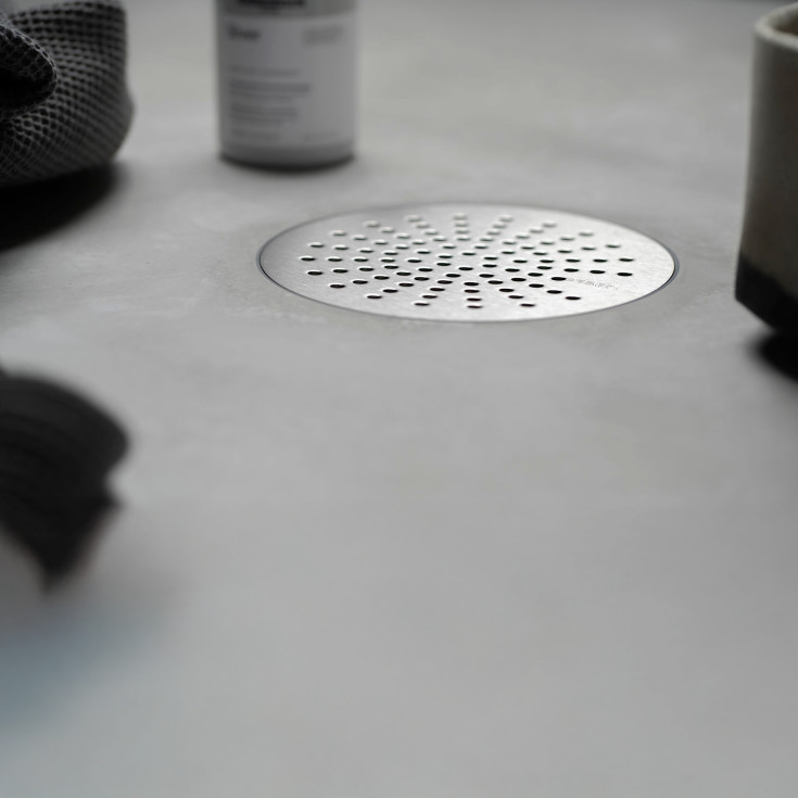 Purus Sun afløbsrist, til microcement, Ø150 mm, børstet rustfrit stål