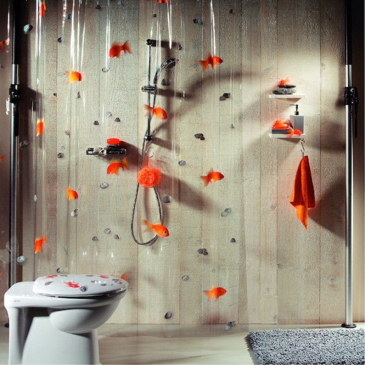 Spirella Goldfish duschdraperi, 180x200 cm, klar/orange