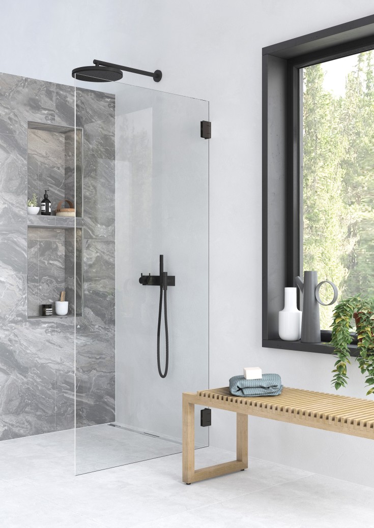 Contura Shower Showerama Art brusevæg, 90 cm, klart glas, sort profil