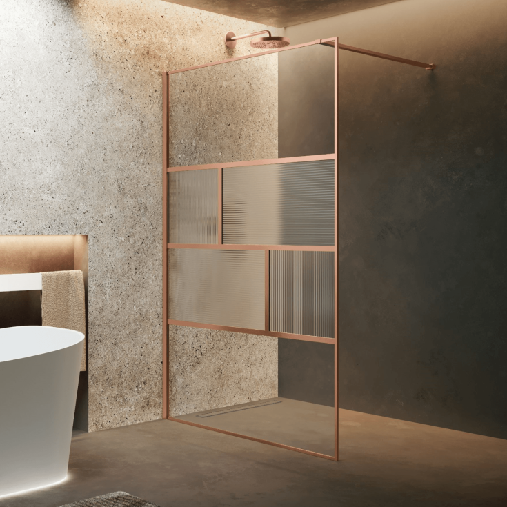 Novellini HC ART fastvegg, 97-98,5 cm, rillet glass, børstet kobber profil