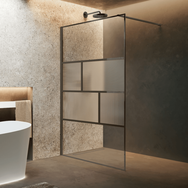 Novellini HC ART fastvegg, 77-78,5 cm, rillet glass, sort krom profil