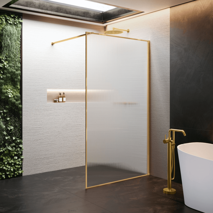 Novellini HP ART fastvegg, 77-78,5 cm, rillet glass, messing profil