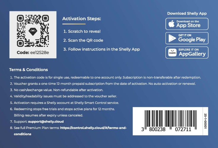 Shelly Cloud Premium 1 års voucher - Til Shelly Smart Control app