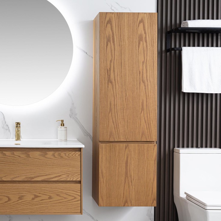 Bathlife Lättsam Sideskap med 2 dører, Integrerte grep, 45x35x150 cm, Eik