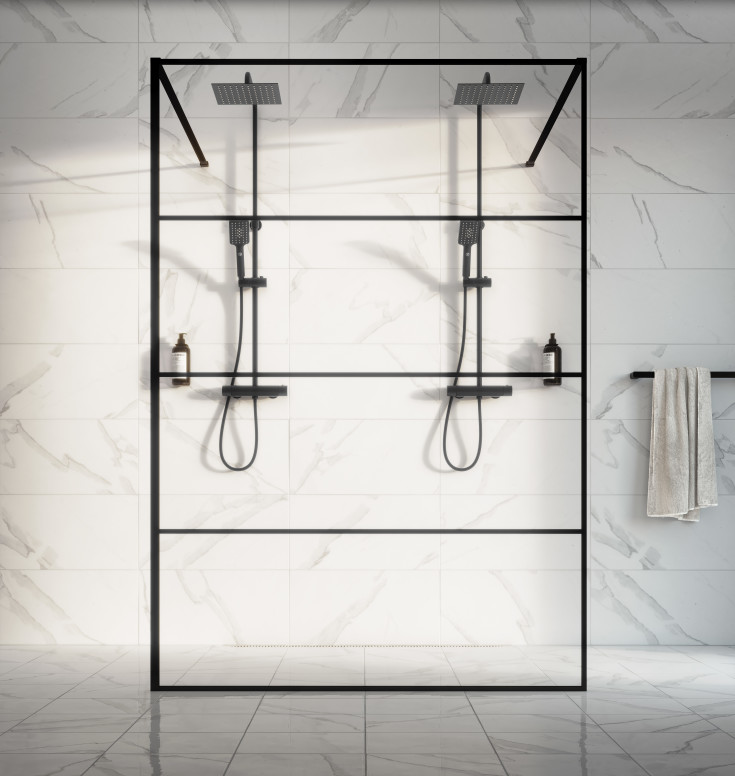 Gustavsberg Square dusjvegg, 138 cm, klart glass, matt sort profil
