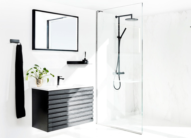 Cassøe Slim brusevæg, 90 cm, klart glas, aluminium profil